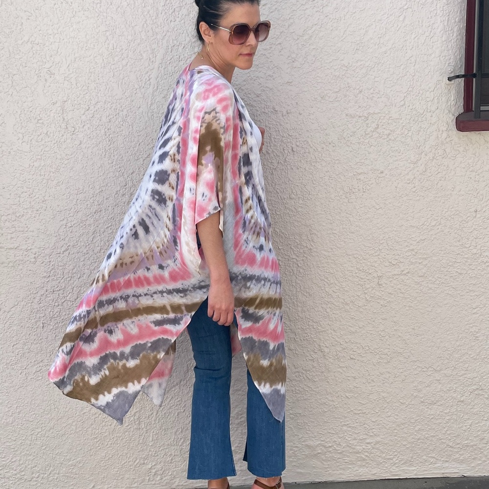 035 Boho Tie Dye Kimono beach Cover up - Picture 3 of 15